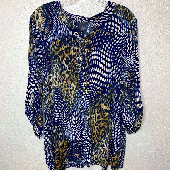 Chelsea & Theodore Tops - Chelsea & Theodore Blue Cream Modern Animal Print Top Women's Plus Size …